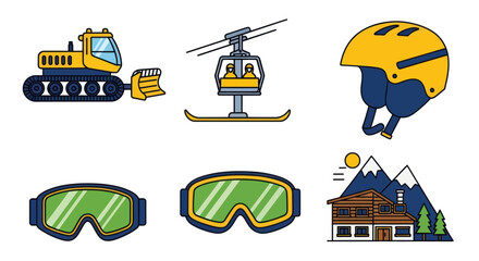 Winter sports and ski resort icons with equipment and mountain lodge © rikiy