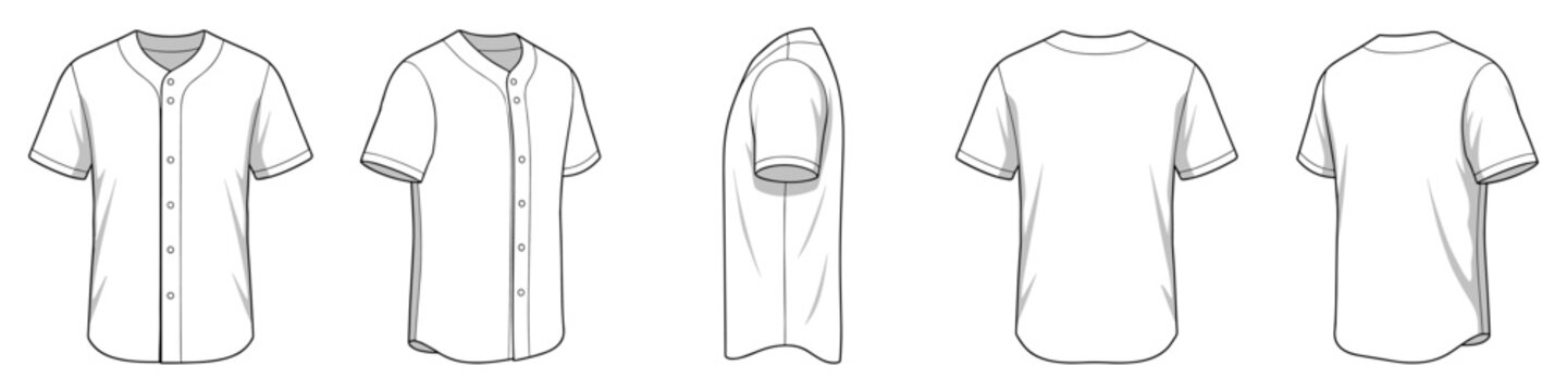 White baseball jersey mockup realistic vector illustration set. Team sport button shirt with copyspace on transparent background