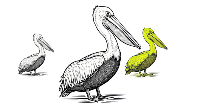 Pelican bird group in hand drawn engraving style