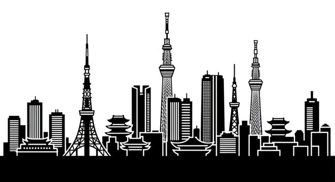 Tokyo skyline silhouette with modern towers and traditional temples