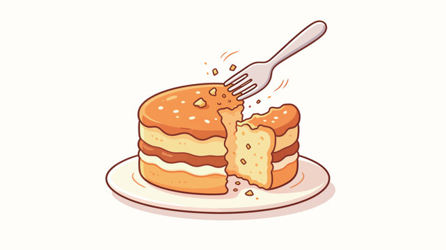 Delicious fluffy pancake stack with whipped cream and butter being cut by fork