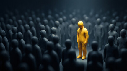 Obraz premium A single bright yellow clay figure stands out while looking downward among a large dense group of dark grey indistinct figures Isolated on transparent background