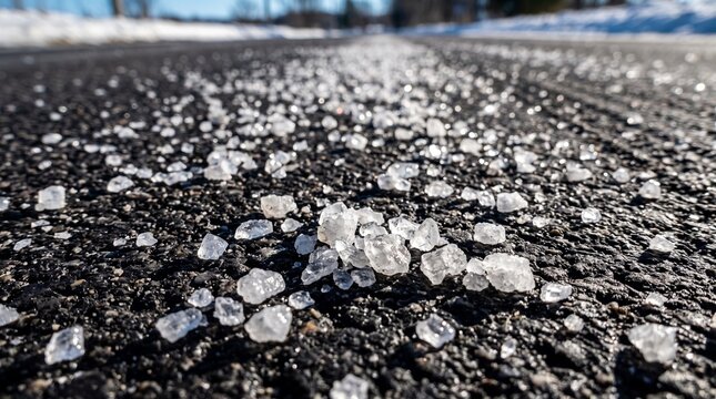 Coarse road salt crystals spread on icy winter asphalt