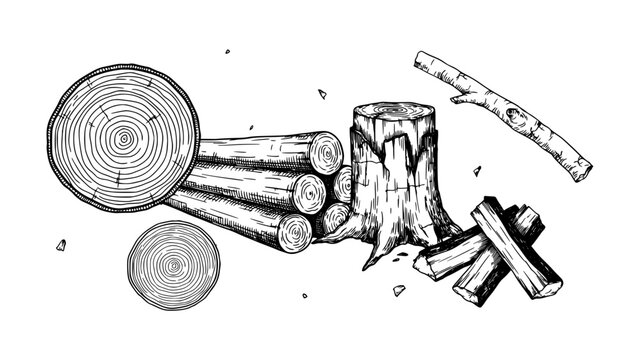 Log Stack with Cut Wood Pieces and Wood Slices in Black and White Line Art Sketch Style on White Background