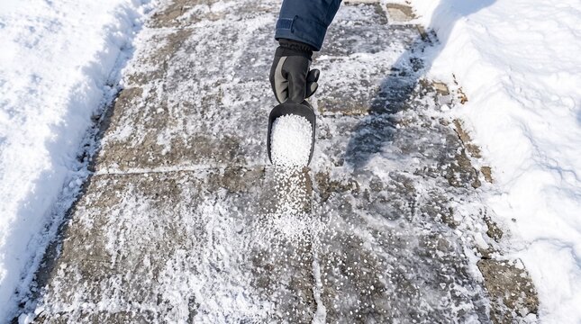 Person pouring rock salt on icy sidewalk during winter