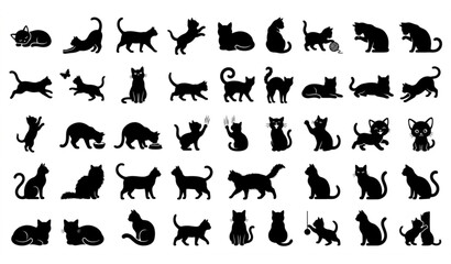 Fototapeta premium Cute Cat Silhouette Vector Set with Kitten Pet Animal Poses Black Cat Icons and Editable Collection