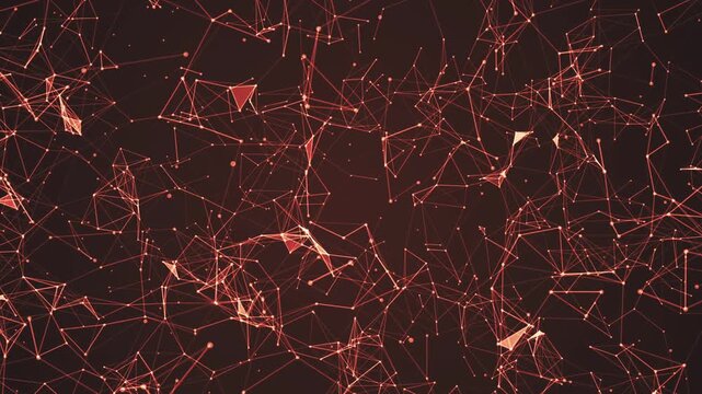 Abstract red plexus network background with connected dots and lines, digital data connection, neural network technology concept, geometric particle loop.