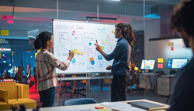 Team members collaboratively brainstorming ideas on an interactive whiteboard in a modern office setting.