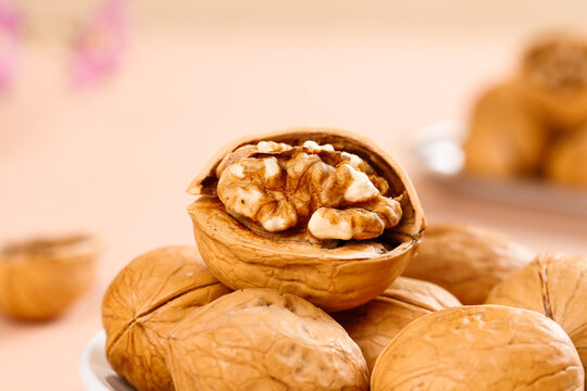 Roasted Shelled Walnuts with Peeled Skin and Open Shell Detail