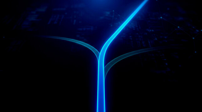 Blue path splitting three diverging routes navy void, strategic decision business concept