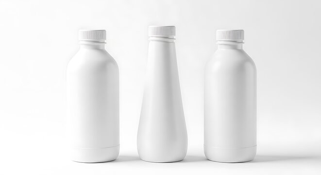 Three white plastic bottles with white caps on a white background container liquid