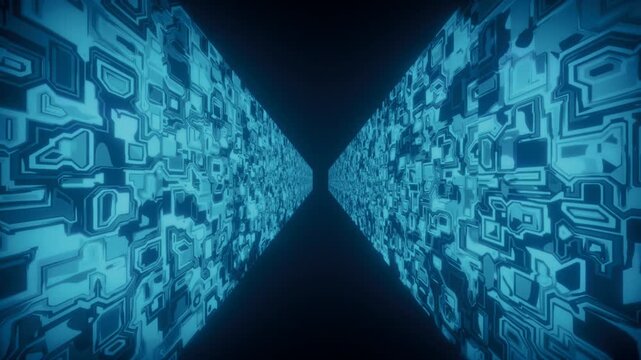 Futuristic 3D neon blue cyber corridor loop background. Abstract digital technology circuit board pattern tunnel loopable motion graphic animation.