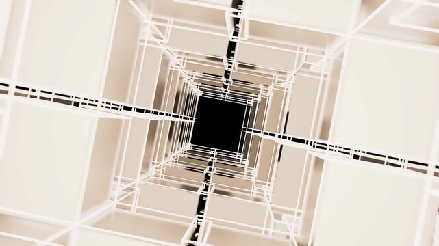 Abstract 3D white geometric tunnel motion graphic loop. Futuristic architectural cubic structural background rotating into the dark center void.