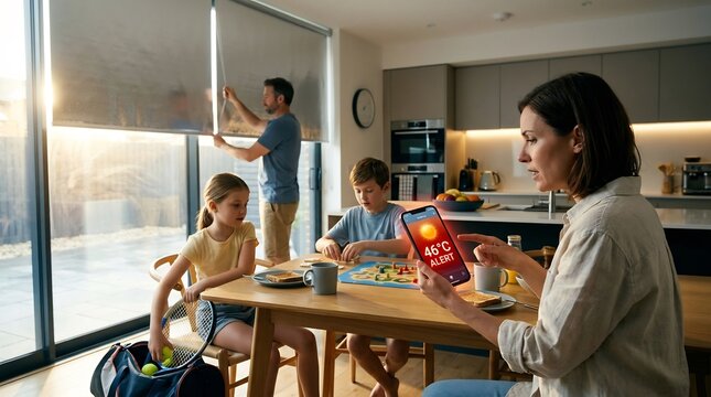 Family coping with extreme heat at home together