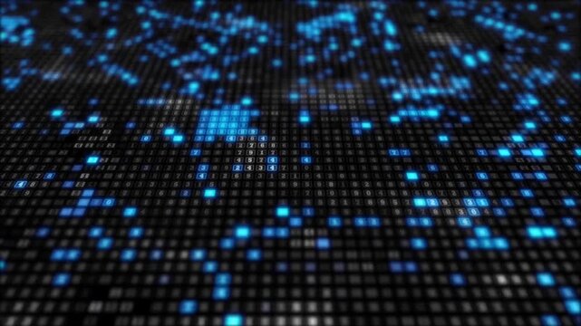 Close up abstract digital number matrix grid glowing blue background loop. Big data visualization technology concept animation.