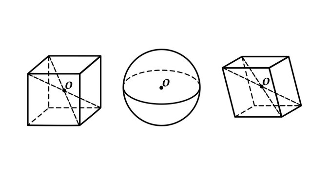 Vector illustration demonstrating central symmetry (point symmetry) in three-dimensional space. A cube, sphere, and parallelepiped shown with their centers of symmetry