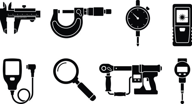 Set of professional precision measuring instrument icons including calipers, micrometers, and various industrial inspection and engineering tools