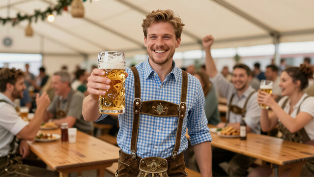 A cheerful young man in traditional Bavarian lederhosen raises a beer stein with a radiant smile at an authentic German festival. He celebrates the joyous occasion with friends in a livel