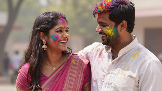 Joyful Indian couple celebrates Holi, the vibrant festival of color, with powdered faces. They share a happy moment, symbolizing tradition and togetherness