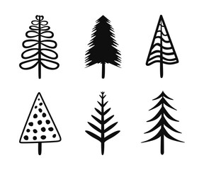 Obraz premium Christmas tree set. Hand drawn pine tree collection isolated on white background. Winter holiday icon of spruce tree in doodle style. Elements for winter season cards, New Year party posters. Vector