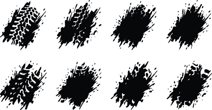 Set of professional tire tracks and mud splash silhouette icons for off-road, automotive, and grunge design projects