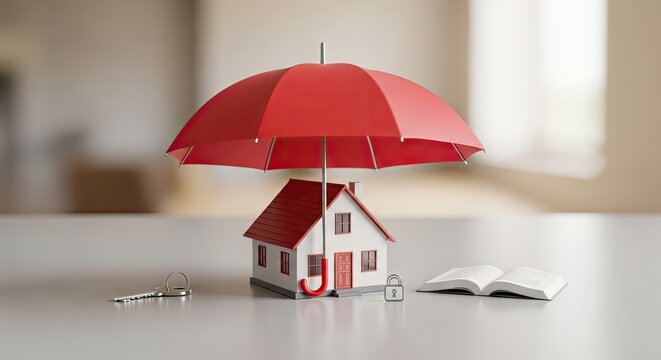 Miniature house protected under red umbrella with car keys.