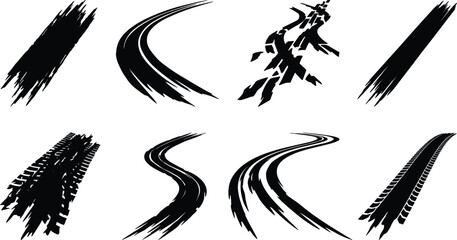 Set of professional tire tracks and skid mark silhouette icons for automotive, racing, and motion design projects © MdSaiful