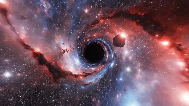 Cosmic black hole vortex with nebula and asteroid field animation