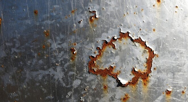 Metal sheets display patches of orange rust and peeling paint on a scratched industrial surface.