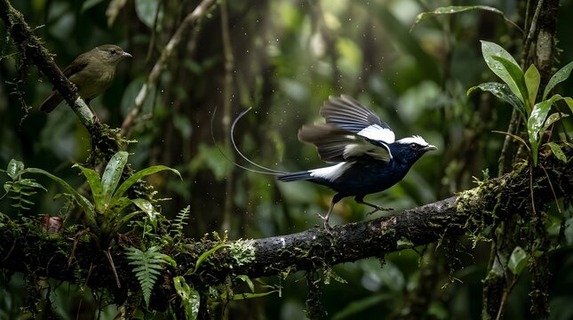 Blue and white paradise flycatcher bird in action in tropical rainforest