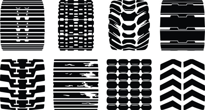 Set of professional tire tread and track patterns silhouettes for industrial, construction, and heavy machinery design projects