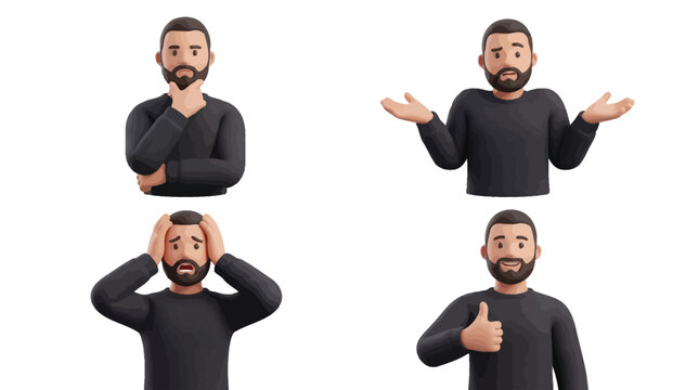 Four diverse emotional expressions of a bearded man in this stylized 3D vector graphic design