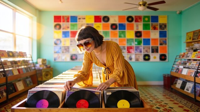 Young Retro Woman Browsing Vinyl Records in Colorful Vintage Music Shop, Fashion Lifestyle