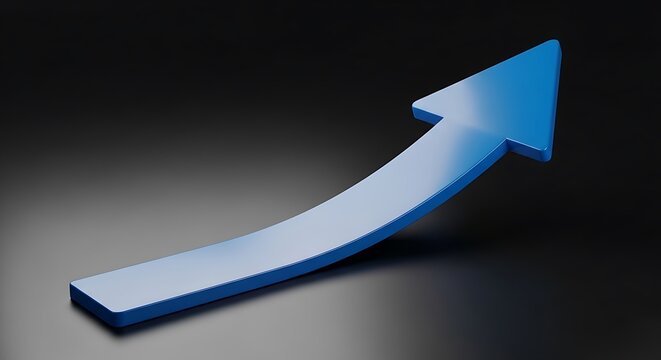 A curved, glossy blue arrow pointing upward against a dark gradient backdrop