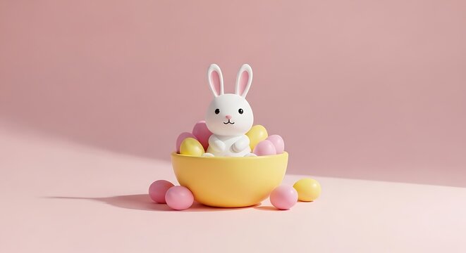 A cute, white bunny nestled in a yellow bowl filled with pastel-colored Easter eggs