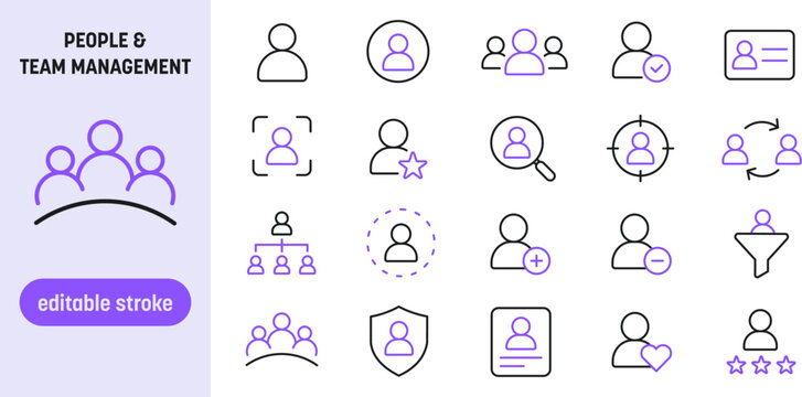 People and team management line icons. Editable stroke vector icon set with human resources, user profile, group, recruitment, target audience, corporate hierarchy, and talent search symbols.
