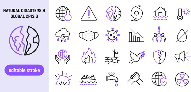 Natural disasters and global crisis line icons. Editable stroke vector icon set with climate change, earthquake, flood, wildfire, drought, hurricane, pandemic, and economic recession symbols.