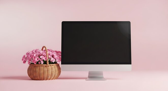 A digital display with a basket of pink flowers against a pink backdrop