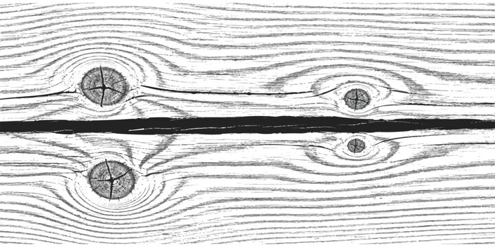 Black and white hand drawn sketch of a wooden board surface with natural knots and long horizontal grain lines