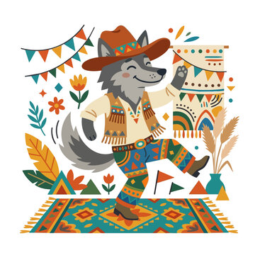 Cartoon wolf wearing cowboy hat and traditional clothes dancing.