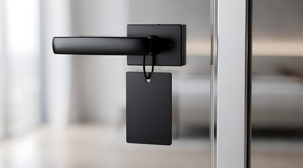 Naklejka premium Modern Black Door Handle with Blank Tag Hanging on Glass Door.