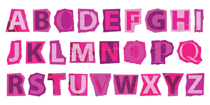 Alphabet set with pink and purple letters cut from paper in a creative ransom note style for bold designs