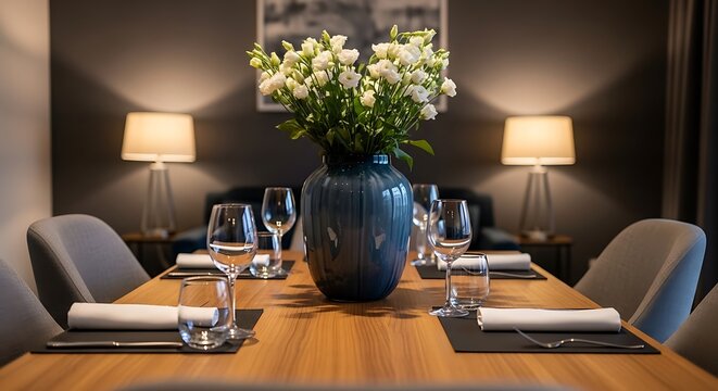 A formal dining scene, soft lighting, flowers as centerpiece, set table, clean design