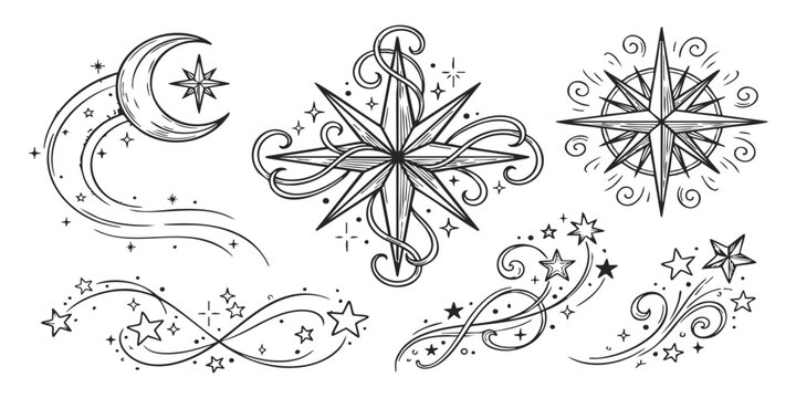 Set of hand drawn celestial elements with moon stars and compass rose icons in black ink sketch style