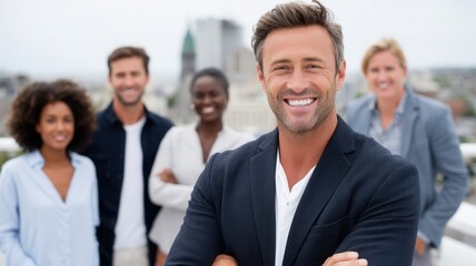 Fototapeta premium Confident business man smiling at camera standing with arms crossed in front of a diverse and happy team outdoors