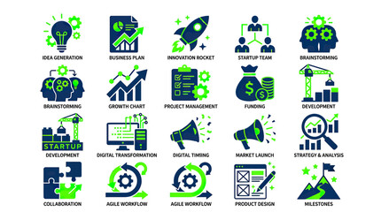 Fototapeta premium Startup Business Icons: Idea, Growth, Team, Funding, Strategy, Workflow, Design