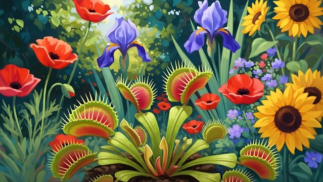 Vibrant Garden Display of Carnivorous Venus Flytraps and Colorful Wildflowers.