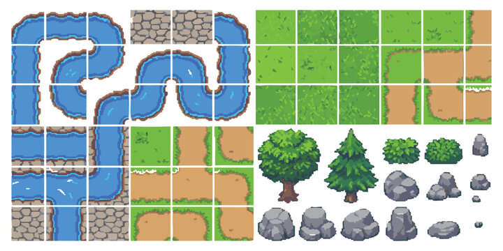 Pixel art game tileset with river water grass path and nature assets for 2D platformer world building design