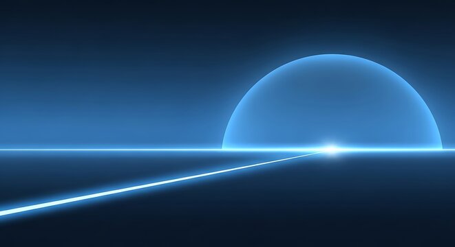 A futuristic, neon-lit path leads to a bright portal against a dark blue gradient