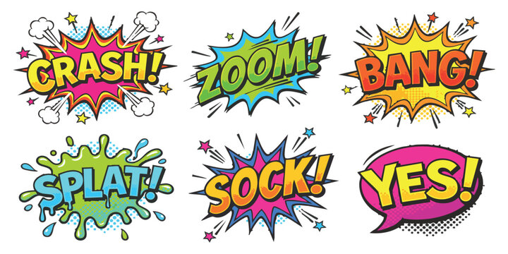 Set of colorful comic book speech bubbles with sound effects like crash zoom bang splat sock and yes text